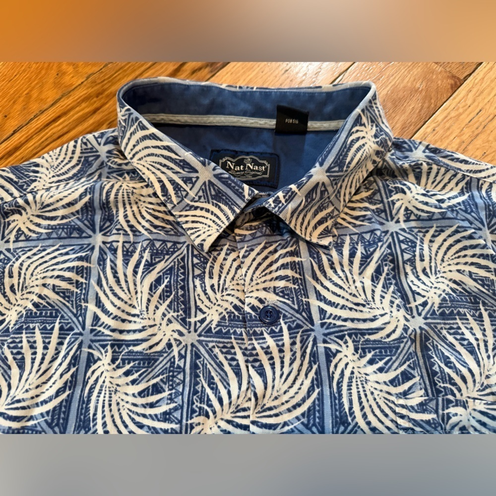 Nat Nast Luxury Originals Silk/Cotton Blend Palm Leaf Blue Hawaii Shirt Mens XXL - Picture 2 of 12